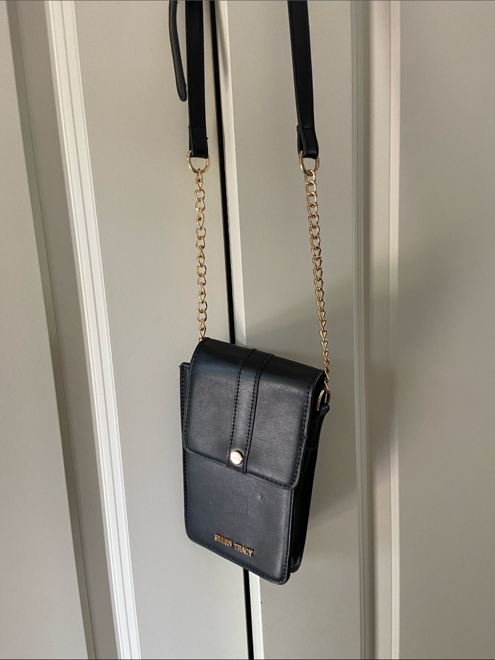 Ellen Tracy Black Crossbody Phone Bag with Gold Chain